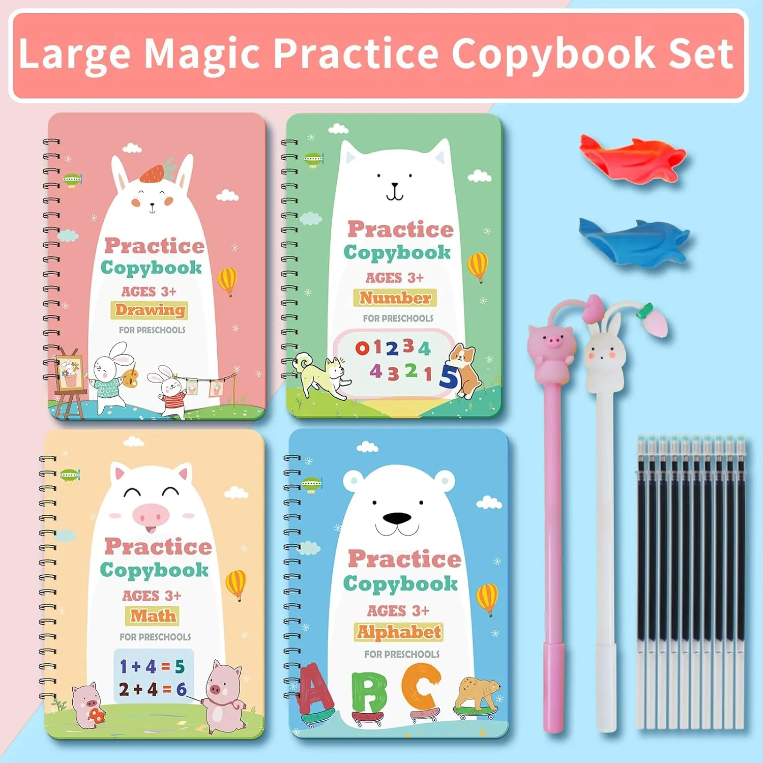 Reusable Grooved Handwriting Practice Workbook,Magic Practice Copybook,Reusable Writing Practice Book, for Preschool Kids Age 3-8 Calligraphy (Pink Bag, 10.3inx7.3in)