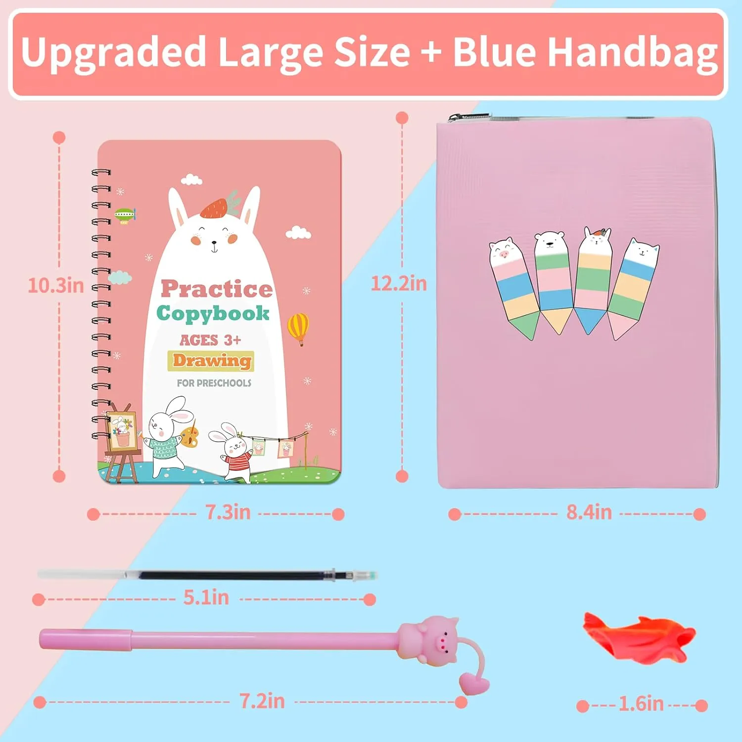 Reusable Grooved Handwriting Practice Workbook,Magic Practice Copybook,Reusable Writing Practice Book, for Preschool Kids Age 3-8 Calligraphy (Pink Bag, 10.3inx7.3in)