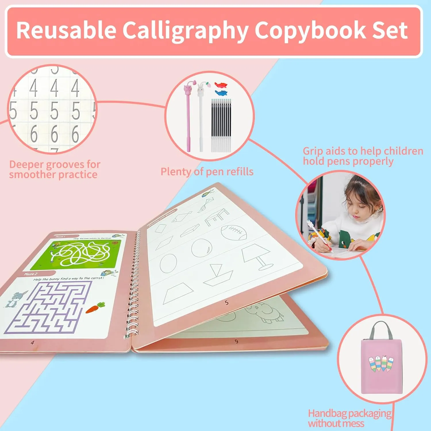 Reusable Grooved Handwriting Practice Workbook,Magic Practice Copybook,Reusable Writing Practice Book, for Preschool Kids Age 3-8 Calligraphy (Pink Bag, 10.3inx7.3in)