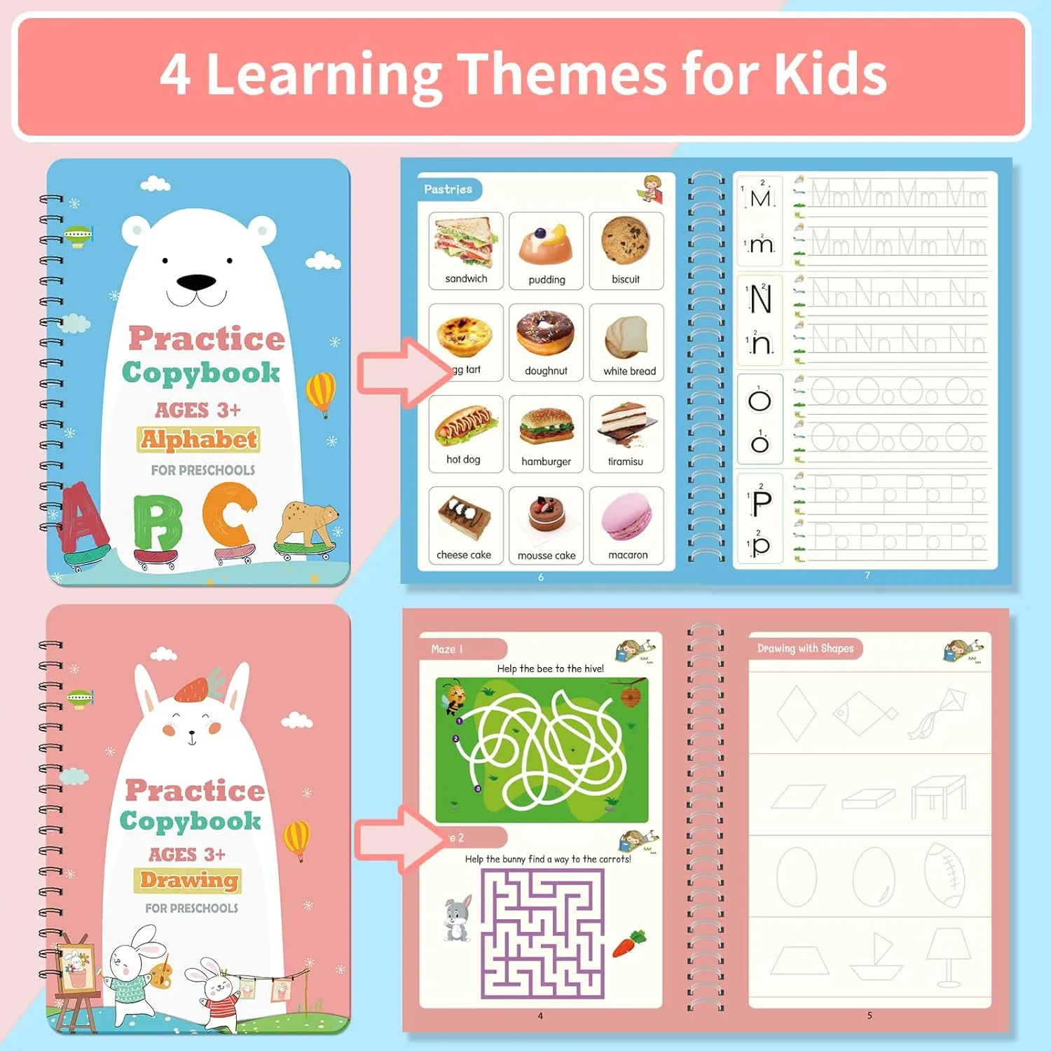 Reusable Grooved Handwriting Practice Workbook,Magic Practice Copybook,Reusable Writing Practice Book, for Preschool Kids Age 3-8 Calligraphy (Pink Bag, 10.3inx7.3in)