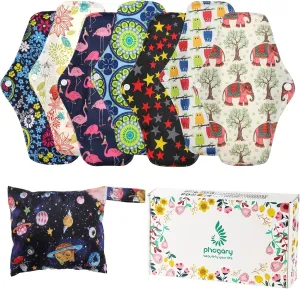Reusable Menstrual Pads (7 in 1, 10in*7in), PHOGARY Bamboo Cloth Pad for Heavy Flow with Wet Bag, Large Sanitary Pads Set with Wings for Women, Washable Overnight Cloth Panty Liners Period Pad