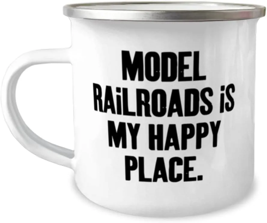 Reusable Model Railroads 12oz Camper Mug, Model Railroads is My Happy Place, Joke Gifts for Friends, Birthday Gifts, Model train set, Toy trains, Train tracks, Railroad toys, Electric trains, Battery