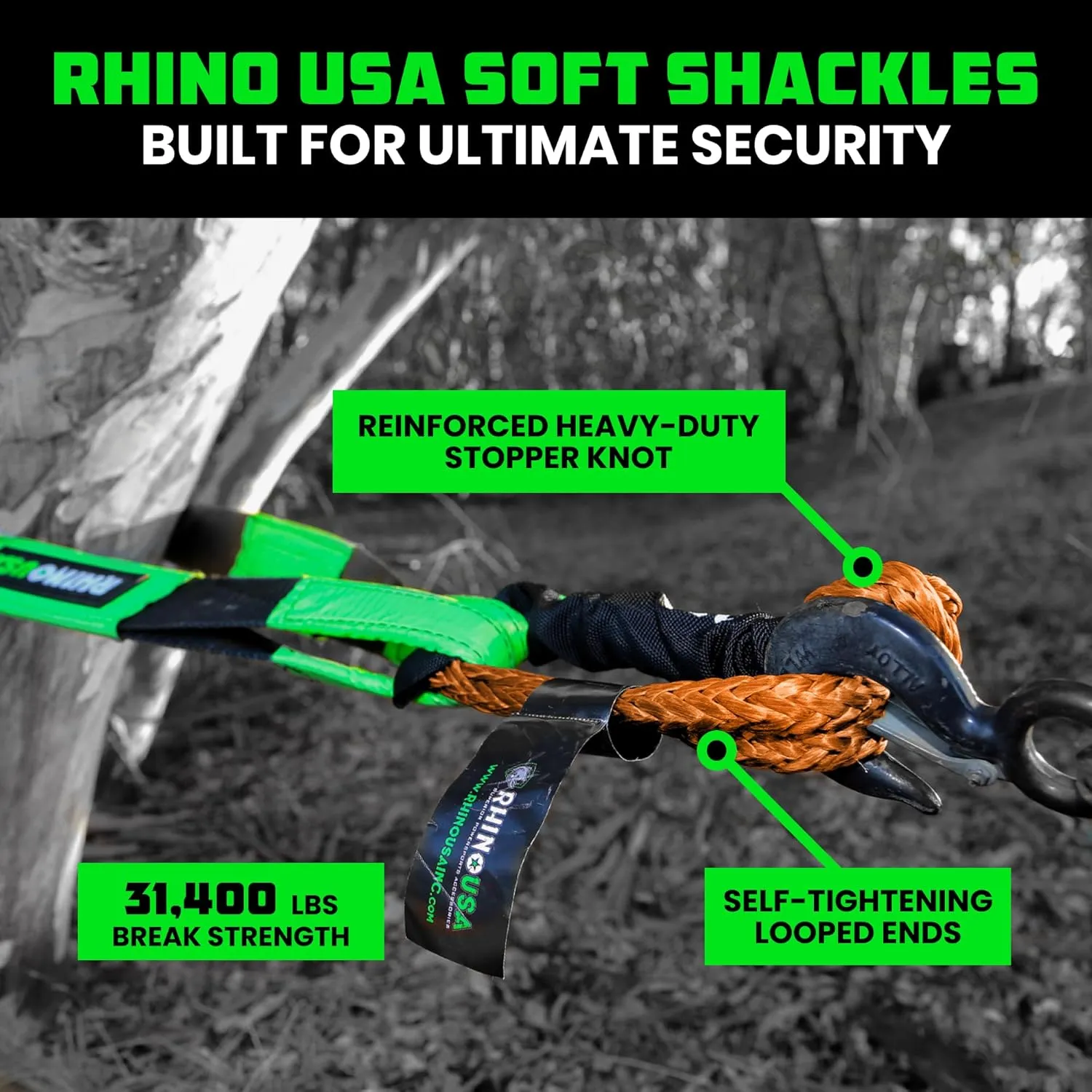 Rhino USA Synthetic Soft Shackle Rope (2-Pack) - 3/8 Inch x 22 Inch (31,400lb Min Break Strength) Offroad Soft Shackle Recovery Kit for Truck, UTV, ATV - Compatible with Jeep, Toyota, Ford & More!