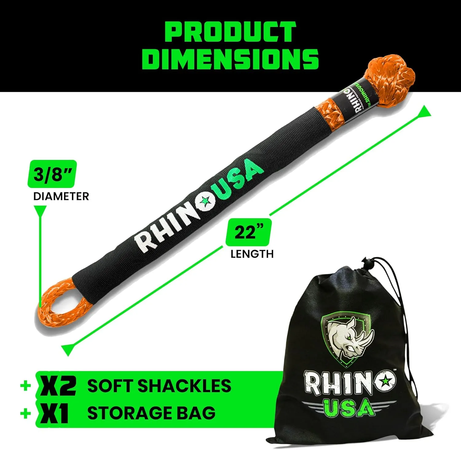 Rhino USA Synthetic Soft Shackle Rope (2-Pack) - 3/8 Inch x 22 Inch (31,400lb Min Break Strength) Offroad Soft Shackle Recovery Kit for Truck, UTV, ATV - Compatible with Jeep, Toyota, Ford & More!