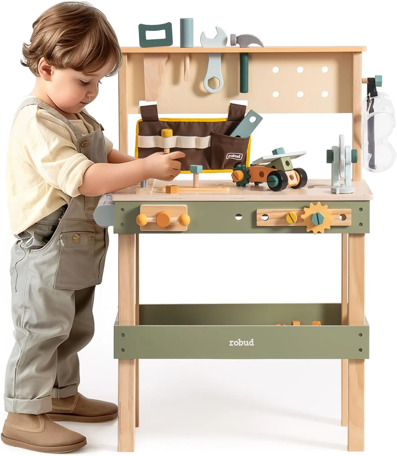ROBUD Toddler Pretend Play Kids Workbench - Wooden Construction Toy with Tool Belt, Goggles, and Accessories for Creative Assembly - Suitable for Children Age 3 