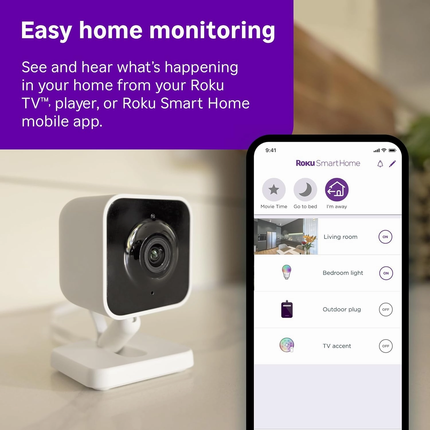 Roku New Indoor Camera 2024 - Home Security - 1-Pack - Wired Security Camera & Pet Monitor with 1080p HD Color Night Vision, Works with Alexa & Google, Motion & Sound Detection, WDR & WiFi 6