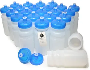 Rolling Sands 20 Ounce Sports Water Bottles 24 Pack, BPA-Free, Made in USA, Dishwasher Safe, Clear Frost Bottles/Blue Lids