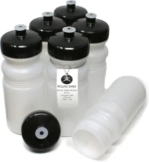 Rolling Sands 20 Ounce Sports Water Bottles 6 Pack, BPA-Free, Made In USA, Dishwasher Safe, Clear Frost Bottles/Black Lids