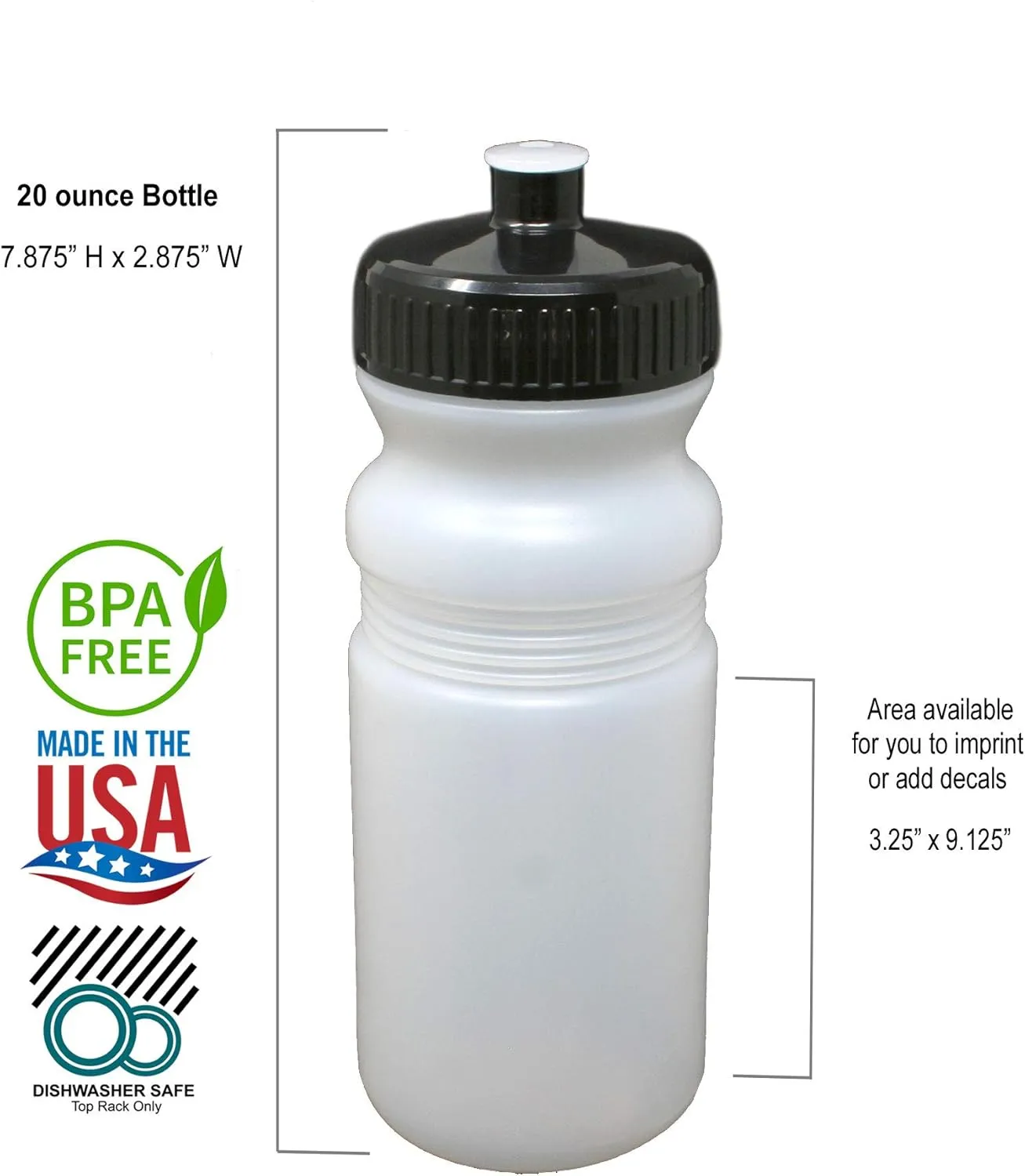 Rolling Sands 20 Ounce Sports Water Bottles 6 Pack, BPA-Free, Made In USA, Dishwasher Safe, Clear Frost Bottles/Black Lids