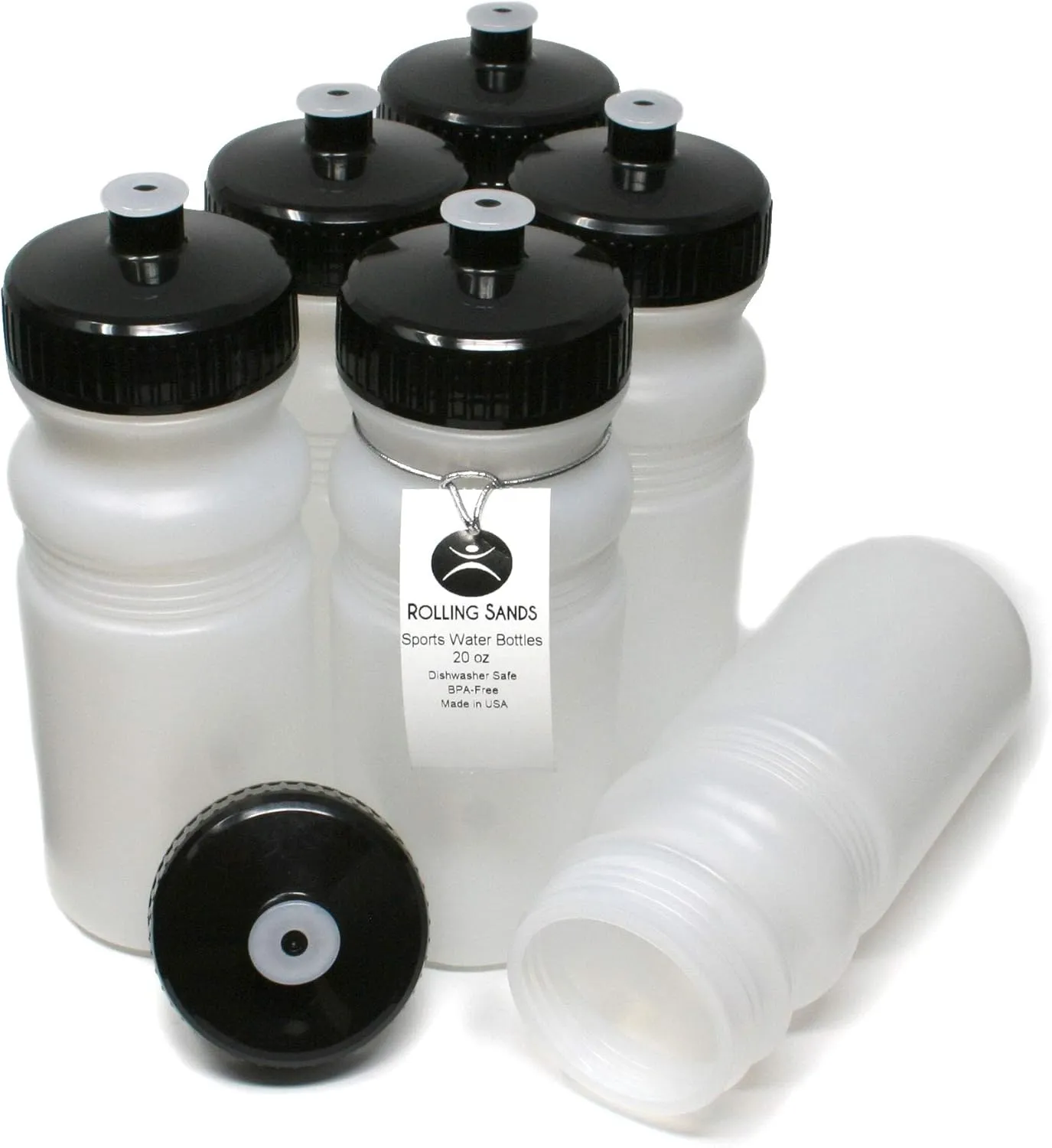 Rolling Sands 20 Ounce Sports Water Bottles 6 Pack, BPA-Free, Made In USA, Dishwasher Safe, Clear Frost Bottles/Black Lids