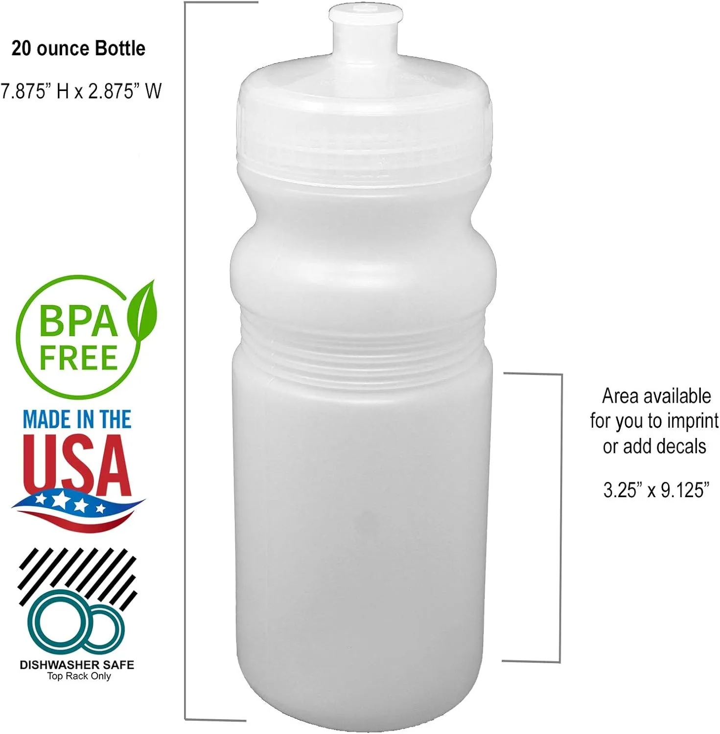 Rolling Sands 20 Ounce Sports Water Bottles 6 Pack, BPA-Free, Made In USA, Dishwasher Safe, Clear Frost Bottles/Clear Lids