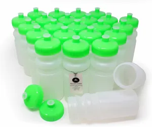 Rolling Sands 20 Oz Sports Water Bottles 24 Pk, BPA-Free, Made in USA, Dishwasher Safe, Clear Frost Bottles/Neon Lime Green Lids