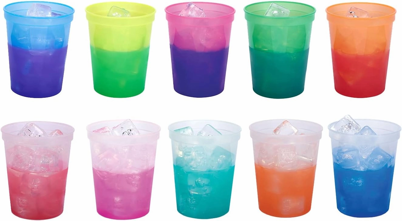 Rolling Sands 16 Oz Reusable Plastic Stadium Cups, Bulk 50 Pk, Made in USA, BPA-Free Dishwasher Safe Color Changing Tumblers, Frost to Red Pink
