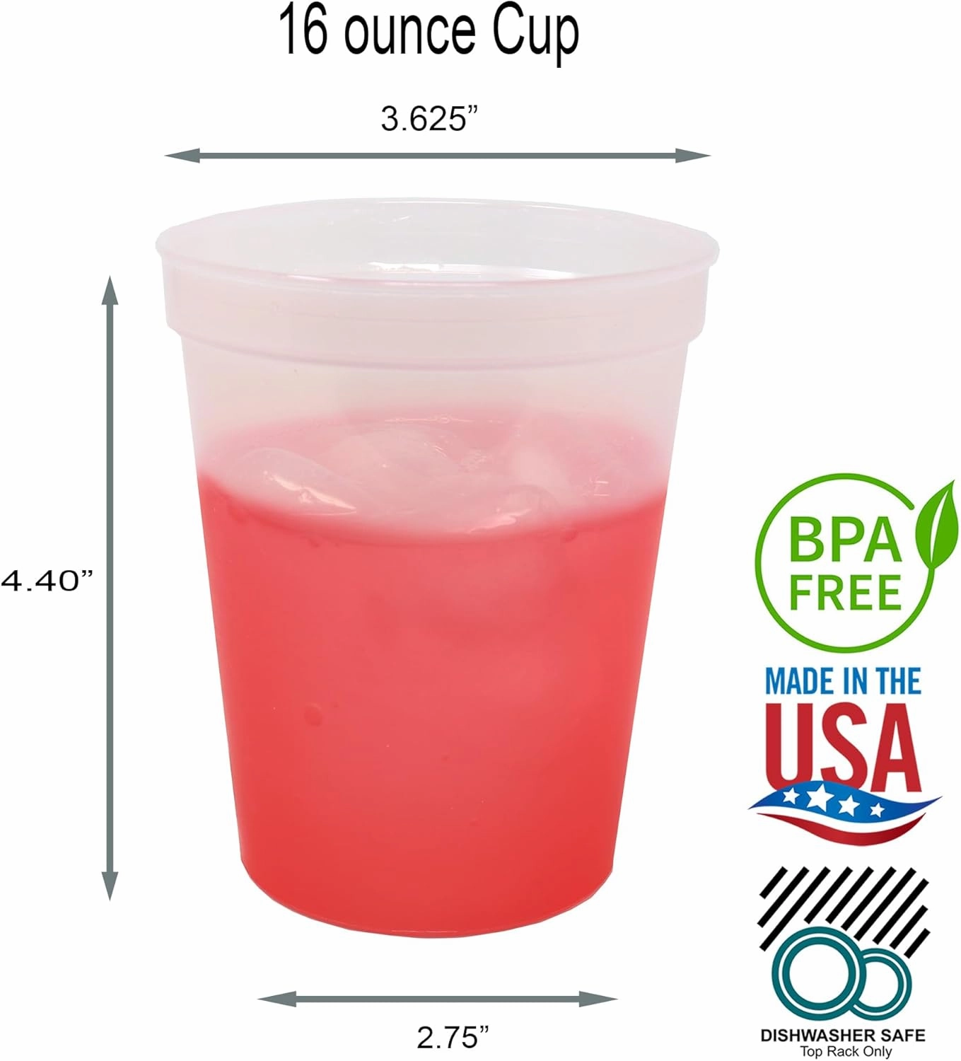 Rolling Sands 16 Oz Reusable Plastic Stadium Cups, Bulk 50 Pk, Made in USA, BPA-Free Dishwasher Safe Color Changing Tumblers, Frost to Red Pink