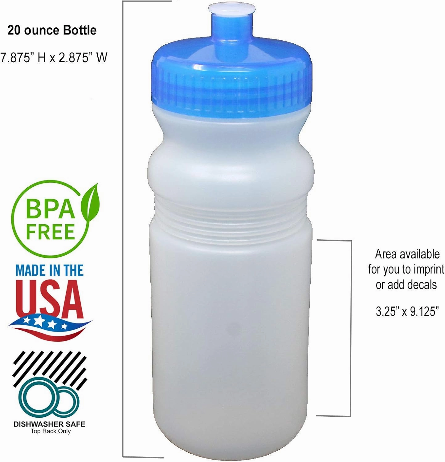 Rolling Sands 20 Ounce Sports Water Bottles 24 Pack, BPA-Free, Made in USA, Dishwasher Safe, Clear Frost Bottles/Blue Lids