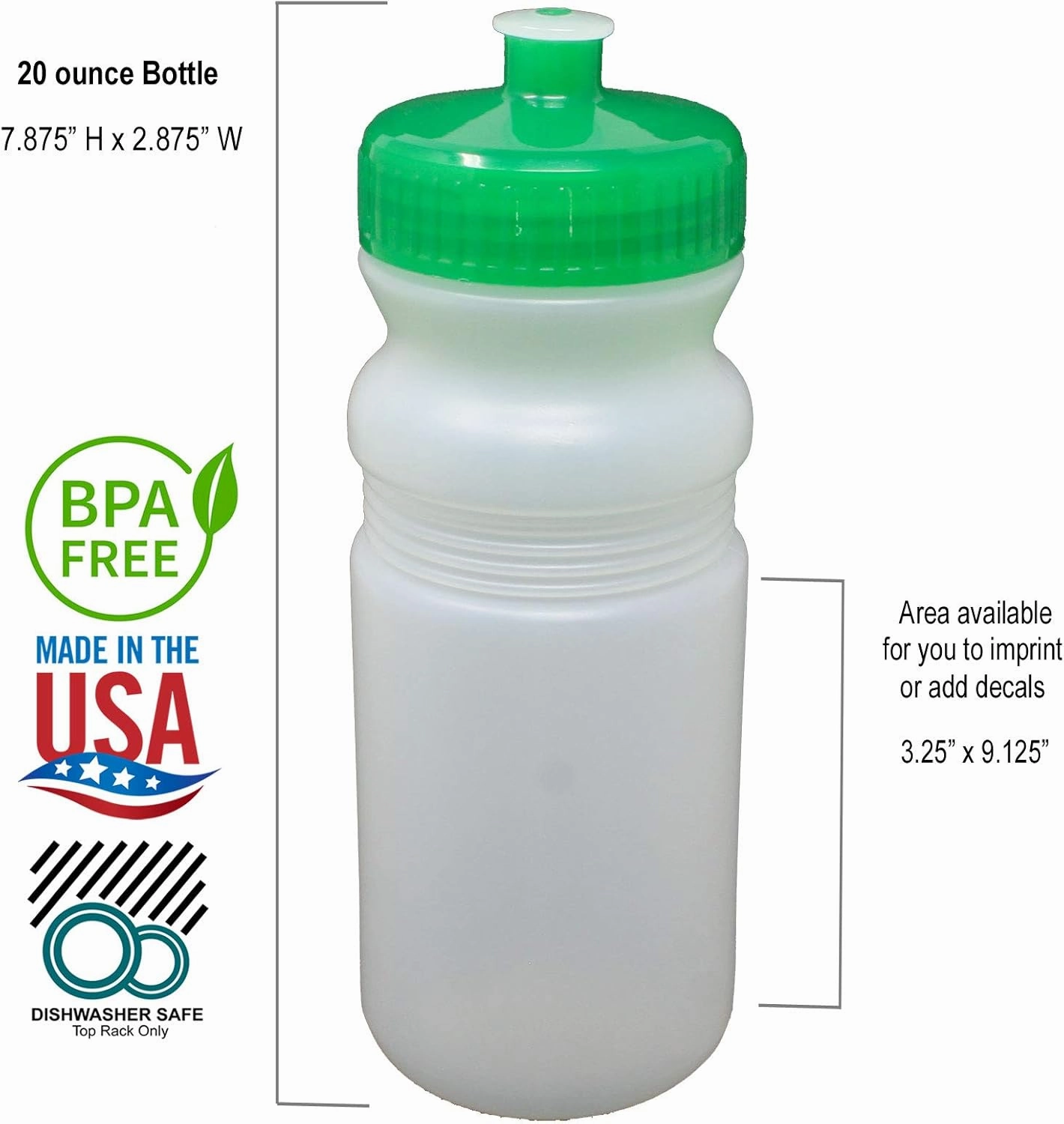 Rolling Sands 20 Ounce Sports Water Bottles 24 Pack, BPA-Free, Made in USA, Dishwasher Safe, Clear Frost Bottles/Green Lids