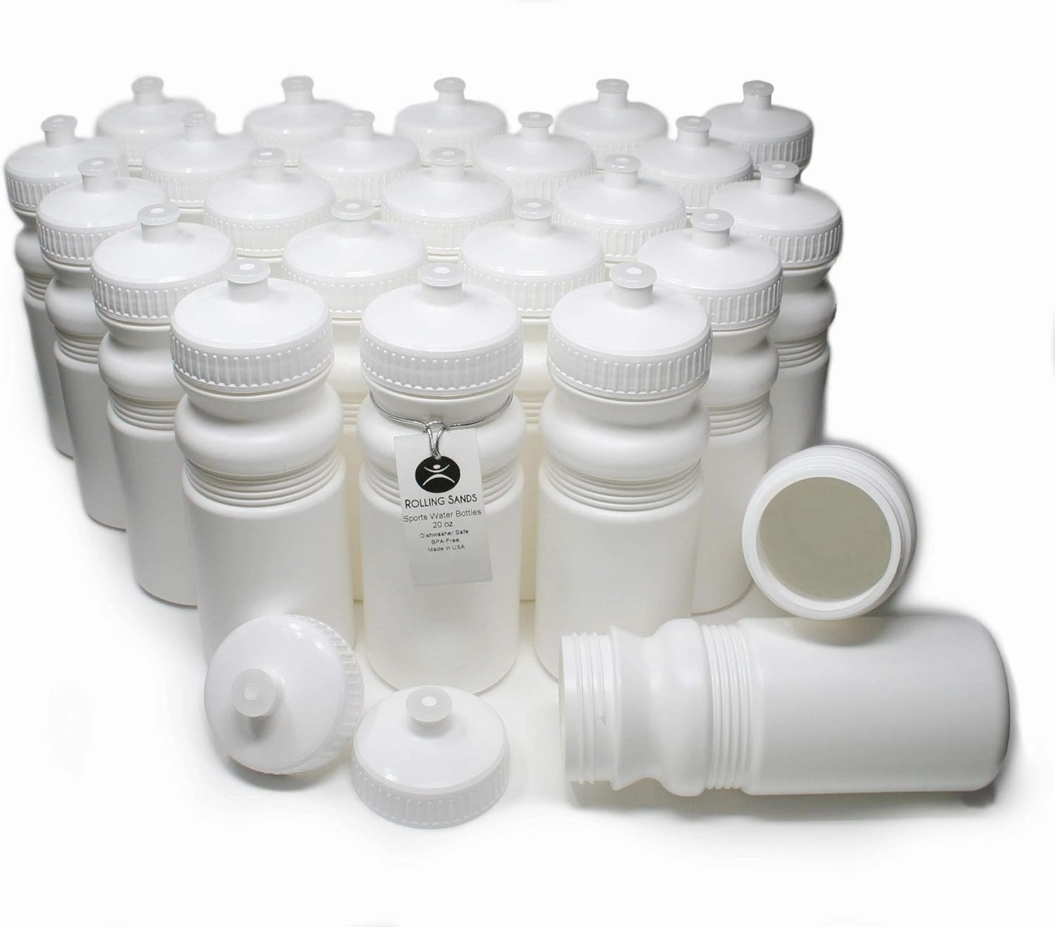 Rolling Sands 20 Ounce Sports Water Bottles 24 Pack, BPA-Free, Made in USA, Dishwasher Safe, White