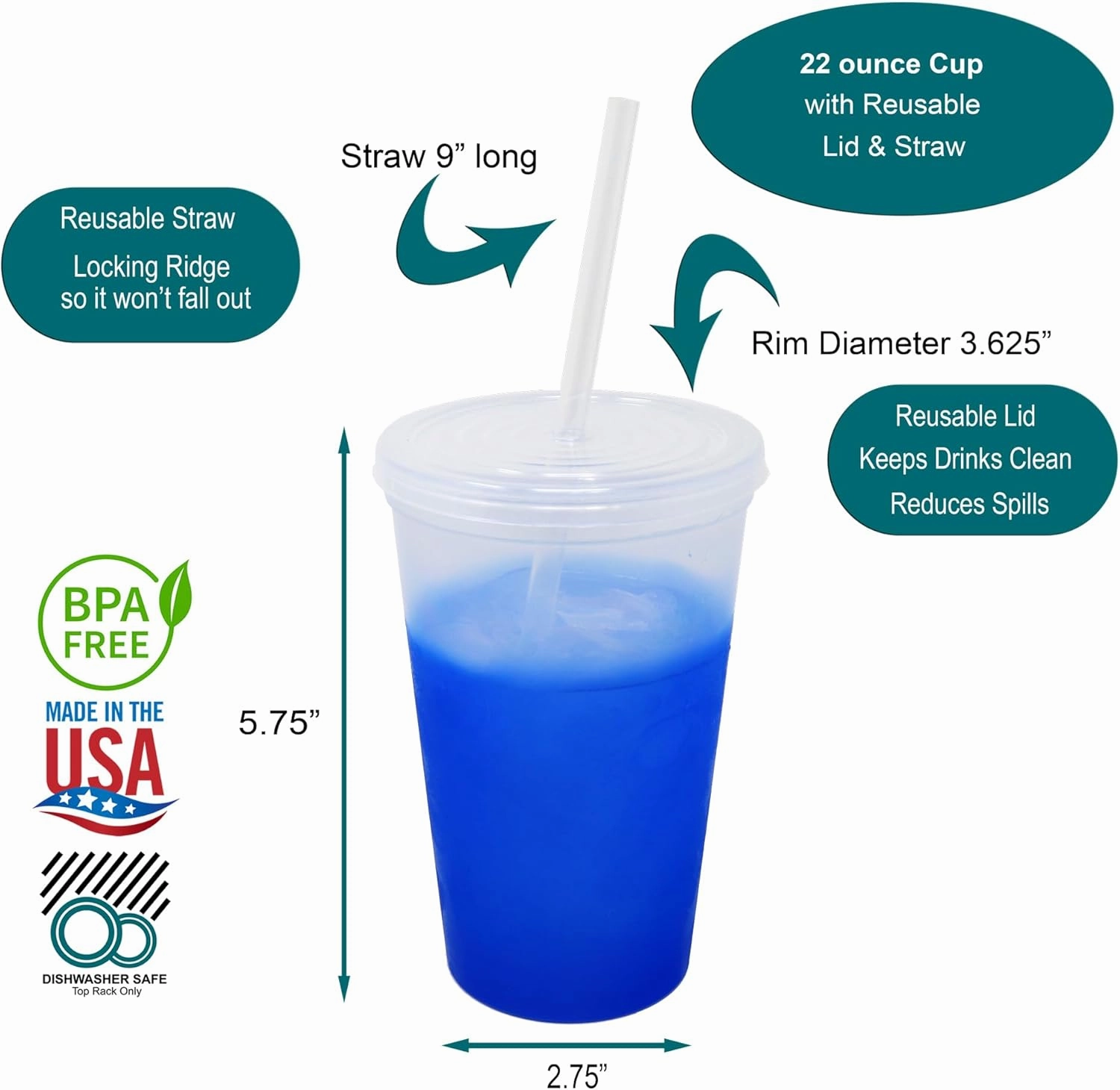 Rolling Sands 22 oz Color Changing Plastic Cups with Lids, 10 Pack, USA Made Reusable Tumblers; Includes 10 Reusable Straws; Dishwasher Safe, Frost to Blue