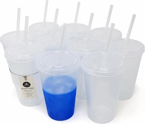 Rolling Sands 22 oz Color Changing Plastic Cups with Lids, 10 Pack, USA Made Reusable Tumblers; Includes 10 Reusable Straws; Dishwasher Safe, Frost to Blue