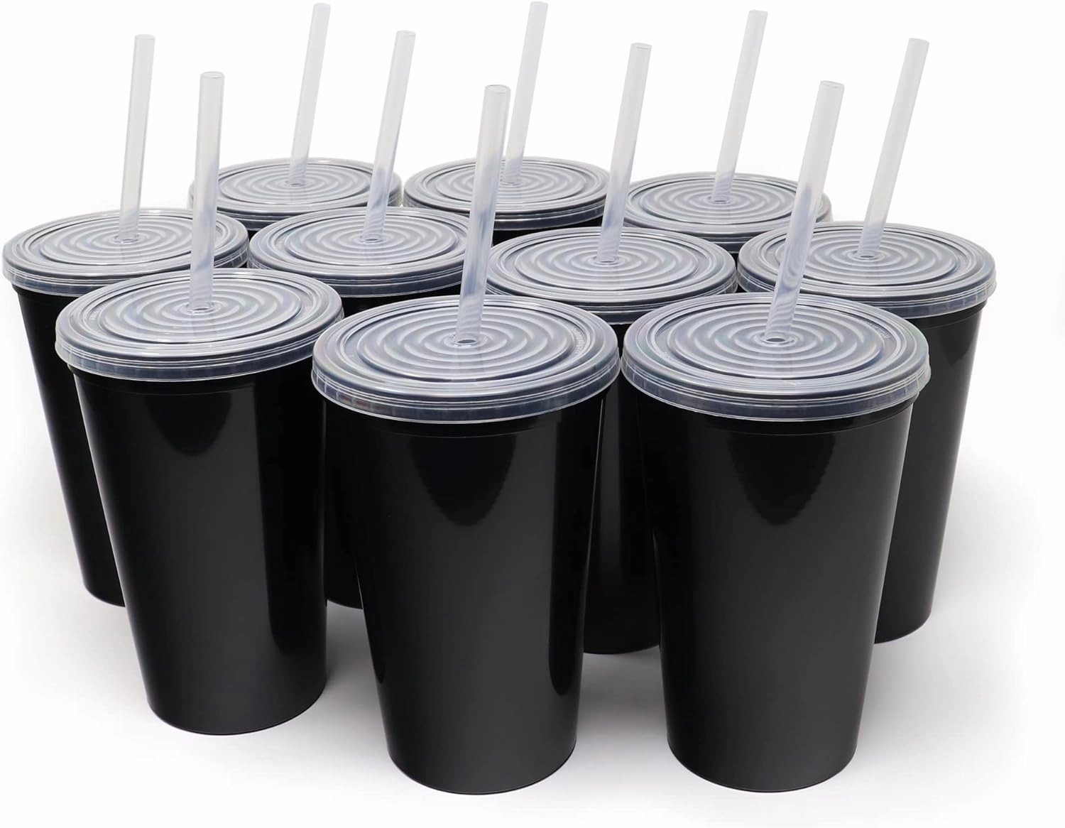 Rolling Sands 22 oz Reusable Plastic Cups with Lids, 10 Pack, USA Made Black Tumblers; Includes 10 Reusable Straws; Dishwasher Safe