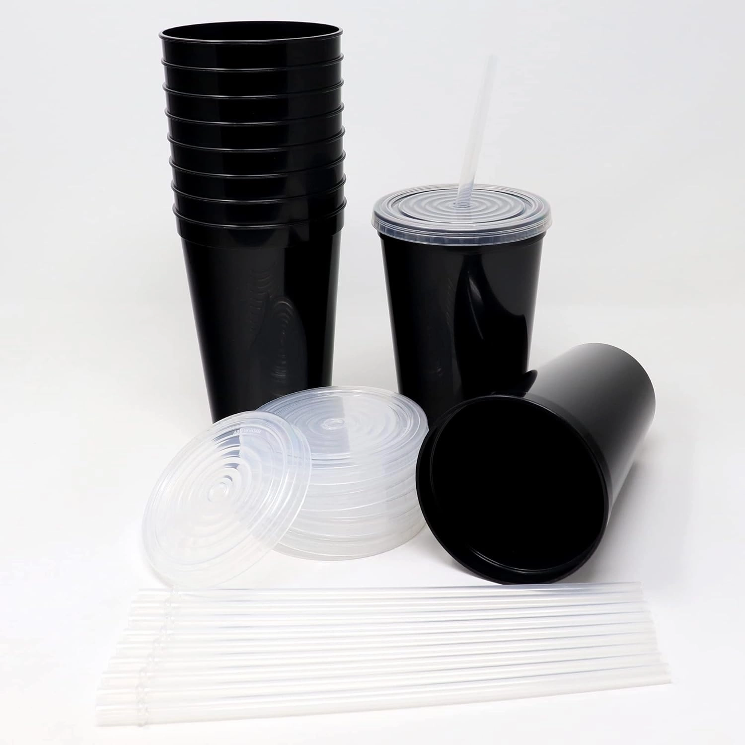 Rolling Sands 22 oz Reusable Plastic Cups with Lids, 10 Pack, USA Made Black Tumblers; Includes 10 Reusable Straws; Dishwasher Safe