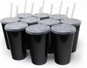 Rolling Sands 22 oz Reusable Plastic Cups with Lids, 10 Pack, USA Made Black Tumblers; Includes 10 Reusable Straws; Dishwasher Safe