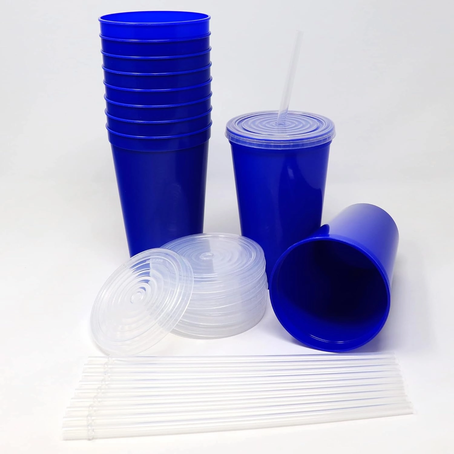 Rolling Sands 22 oz Reusable Plastic Cups with Lids, 10 Pack, USA Made Blue Tumblers; Includes 10 Reusable Straws; Dishwasher Safe