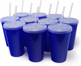 Rolling Sands 22 oz Reusable Plastic Cups with Lids, 10 Pack, USA Made Blue Tumblers; Includes 10 Reusable Straws; Dishwasher Safe