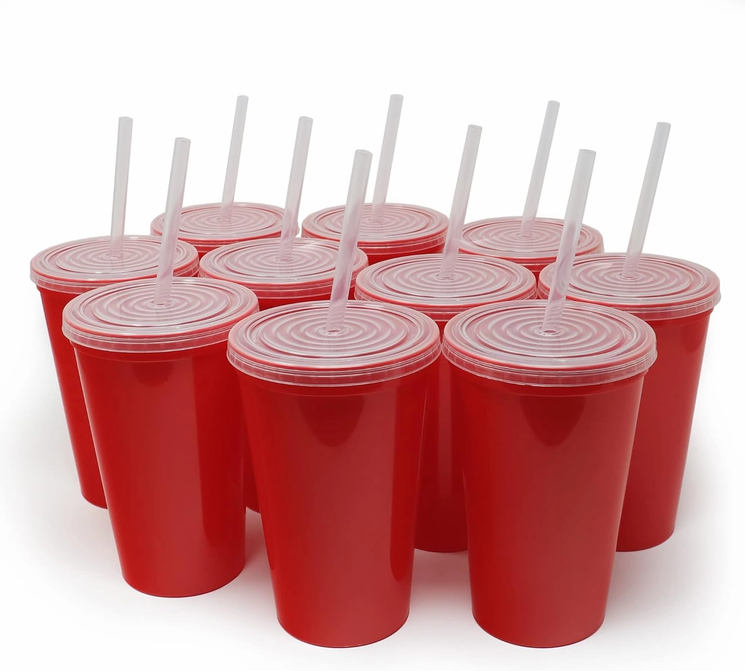 Rolling Sands 22 oz Reusable Plastic Cups with Lids, 10 Pack, USA Made Red Tumblers; Includes 10 Reusable Straws; Dishwasher Safe