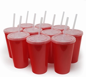 Rolling Sands 22 oz Reusable Plastic Cups with Lids, 10 Pack, USA Made Red Tumblers; Includes 10 Reusable Straws; Dishwasher Safe