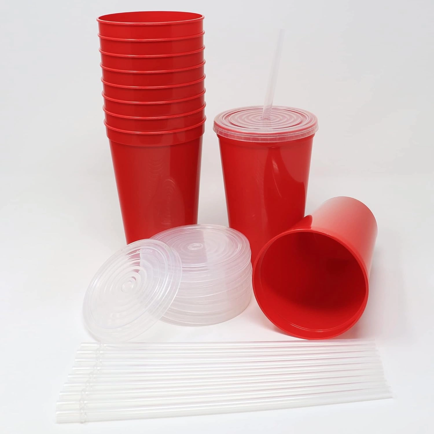 Rolling Sands 22 oz Reusable Plastic Cups with Lids, 10 Pack, USA Made Red Tumblers; Includes 10 Reusable Straws; Dishwasher Safe