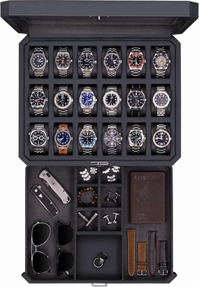 ROTHWELL 18-Slot Watch Case with Drawer – Luxury Watch Box for Men, Real Glass Top, Lockable, Display Case for Collections (Carbon)