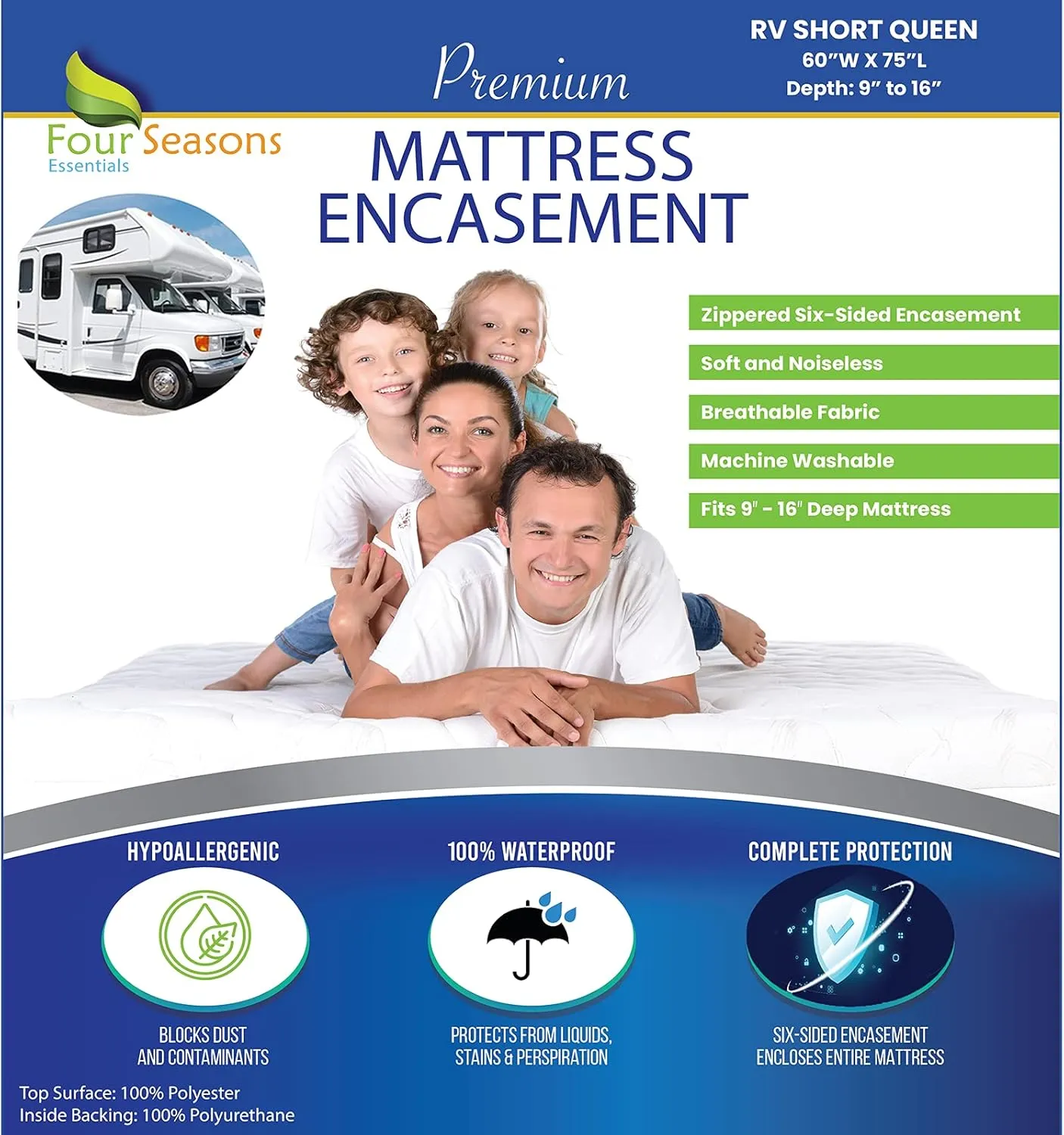 RV Short Queen Mattress Protector (60" Wx75 L) Waterproof Zippered Encasement Hypoallergenic Premium Bed Cover Protects Against Bedbugs Dust Allergies