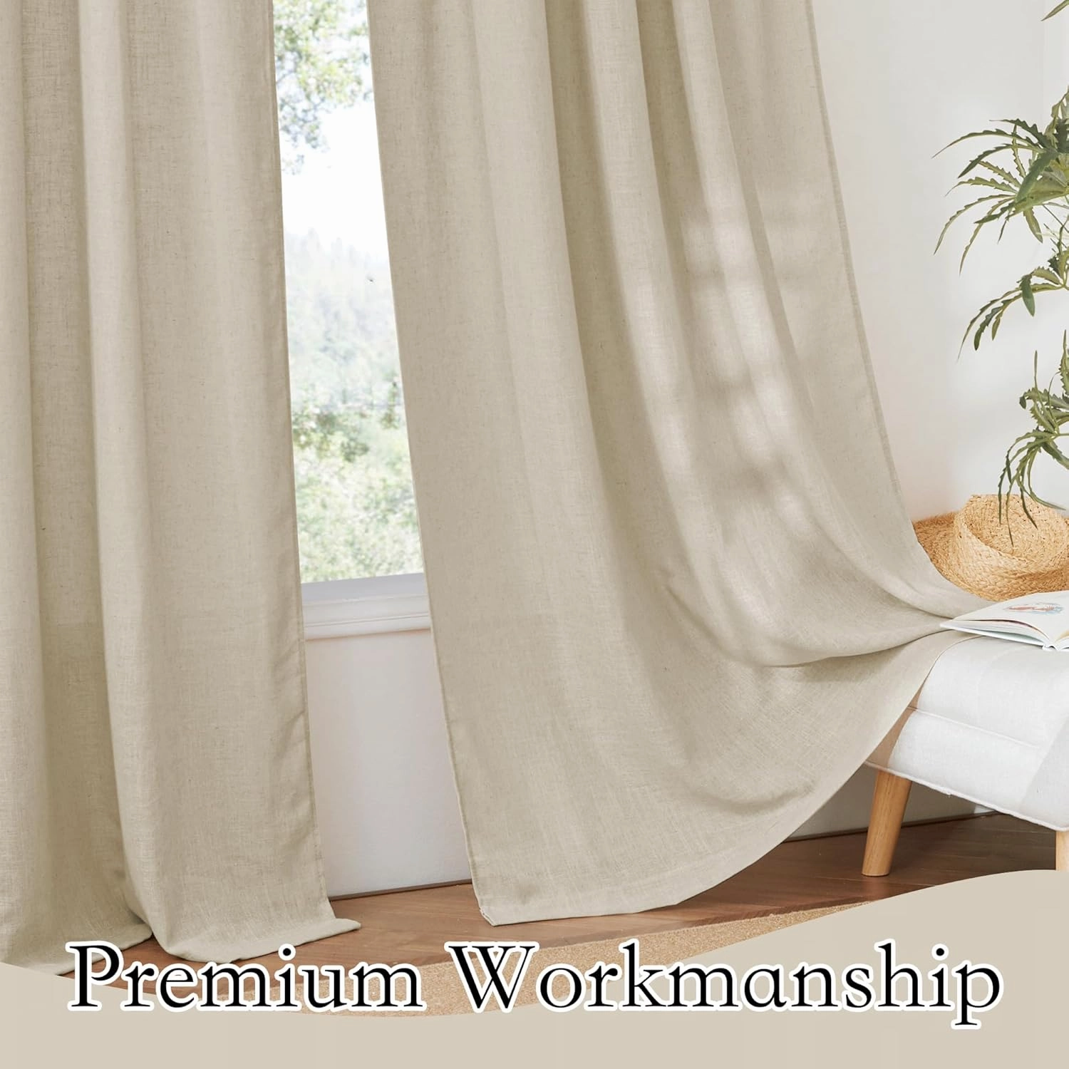 RYB HOME Linen Curtains Semi Sheers for Living Room Privacy Light Airy Large Window Decor for Bedroom Dining Canopy Bed Bath, Beige, W 52 x L 95, 2 Panels