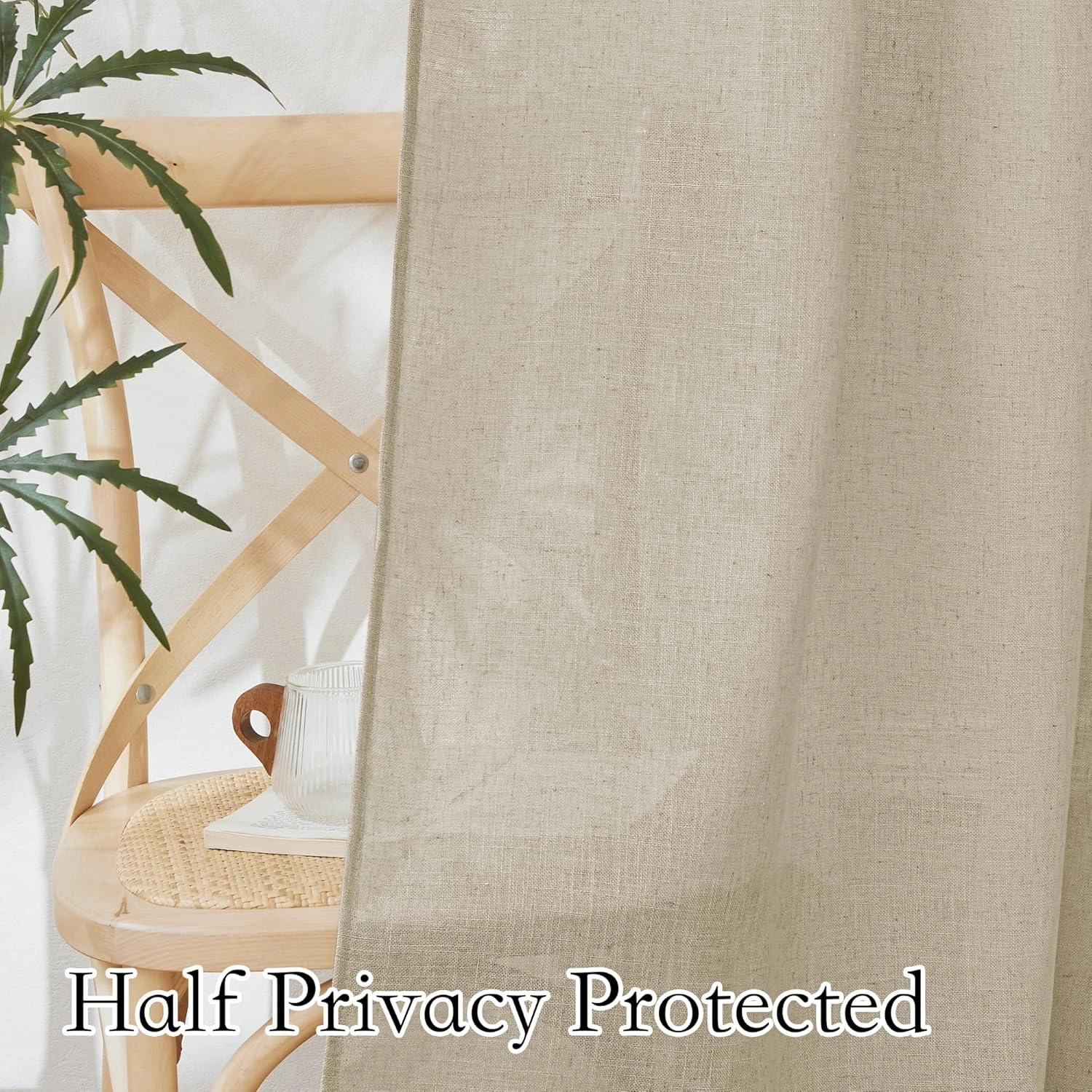 RYB HOME Linen Curtains Semi Sheers for Living Room Privacy Light Airy Large Window Decor for Bedroom Dining Canopy Bed Bath, Beige, W 52 x L 95, 2 Panels