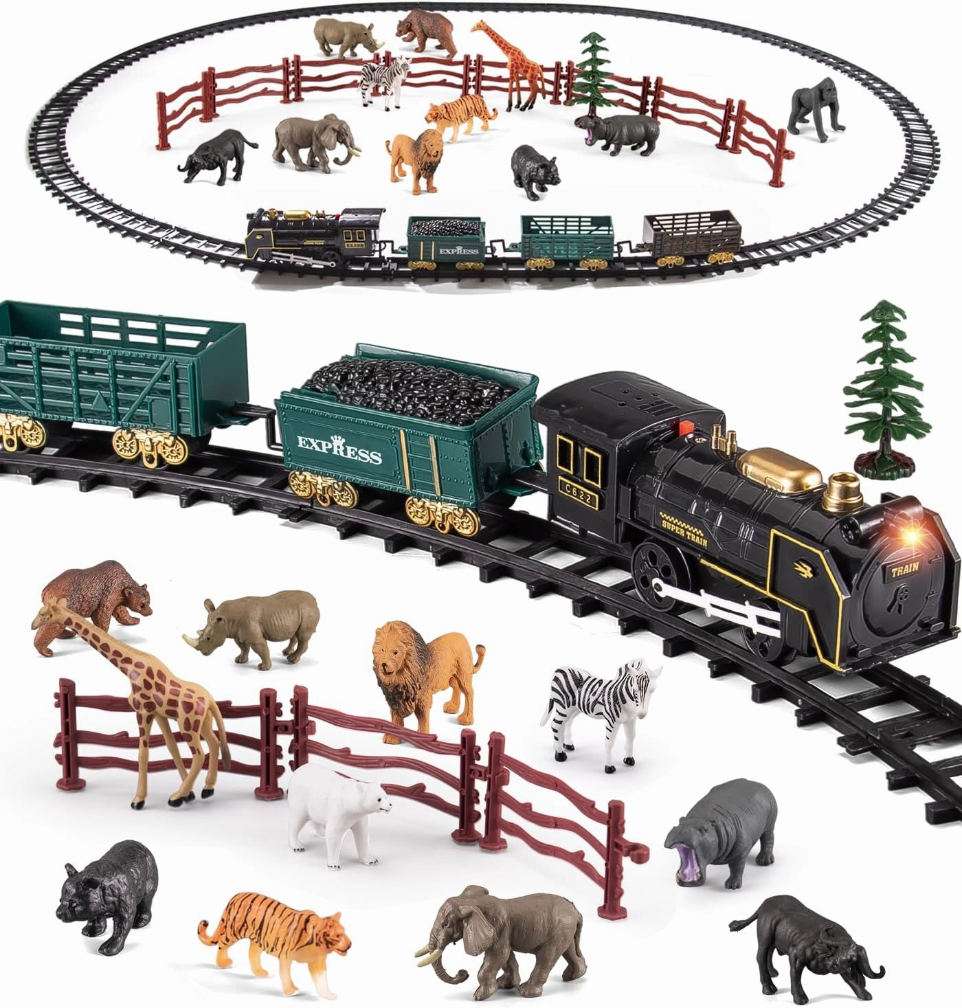 Safari Animals Figures Toy Train Set, Electric Locomotive with Light & Sound, Wildlife African Jungle Zoo Miniature Toys Cake Toppers Bulk Toddler Stocking Stuffers Gift for 3 4 5 Year Old Boys