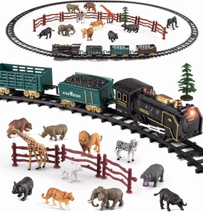 Safari Animals Figures Toy Train Set, Electric Locomotive with Light & Sound, Wildlife African Jungle Zoo Miniature Toys Cake Toppers Bulk Toddler Stocking Stuffers Gift for 3 4 5 Year Old Boys