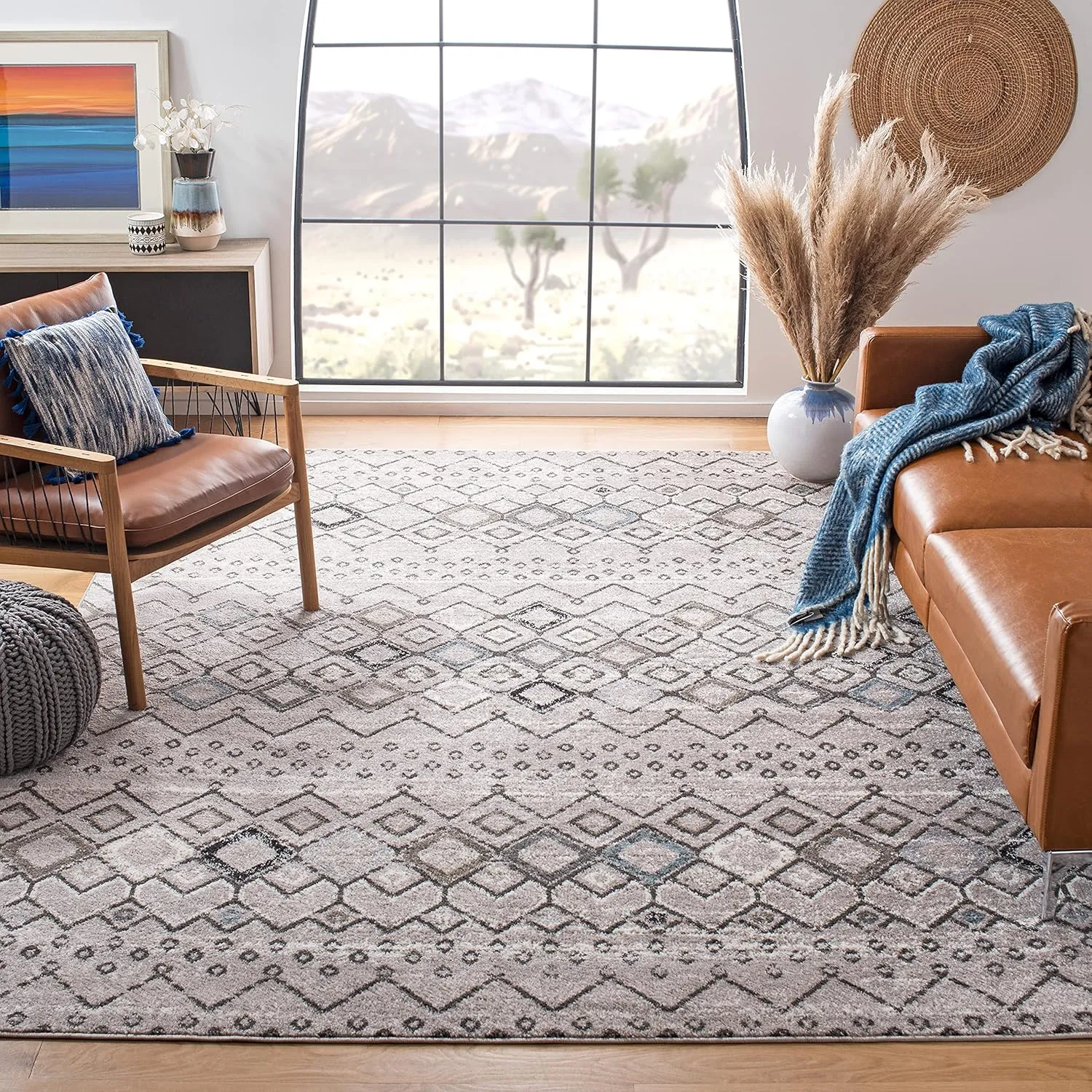 SAFAVIEH Amsterdam Collection Area Rug - 8' x 10', Light Grey & Brown, Moroccan Boho Design, Non-Shedding & Easy Care, Ideal for High Traffic Areas in Living Room, Bedroom (AMS108F)