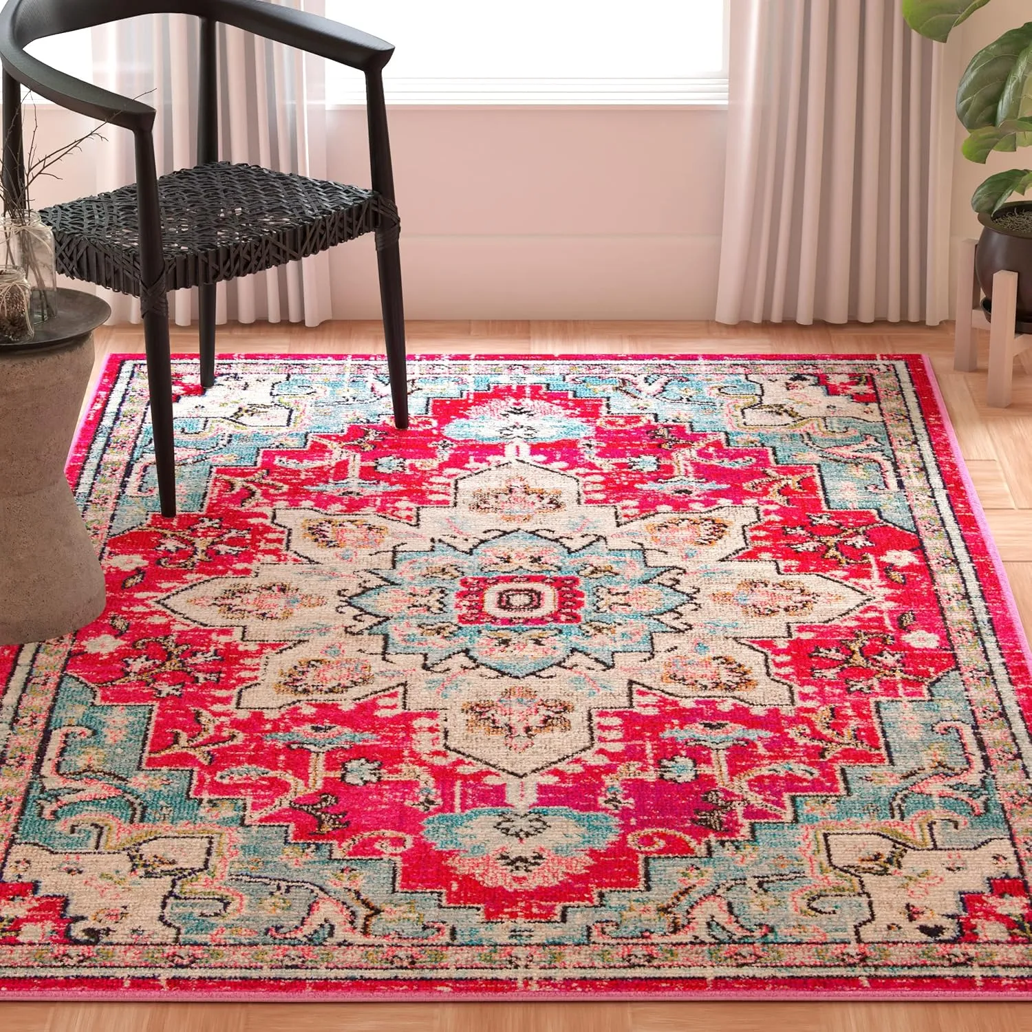SAFAVIEH Area Rug 8x10 - Madison Collection - Large - Fuchsia & Blue, Boho Chic Medallion Distressed Design, Non-Shedding & Easy Cleaning, Ideal for Living Room, Bedroom, Dining Space (MAD473A)