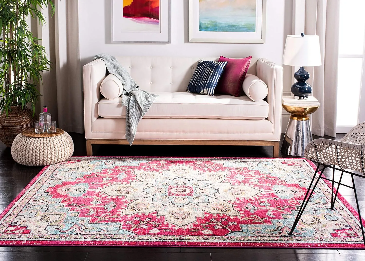 SAFAVIEH Area Rug 8x10 - Madison Collection - Large - Fuchsia & Blue, Boho Chic Medallion Distressed Design, Non-Shedding & Easy Cleaning, Ideal for Living Room, Bedroom, Dining Space (MAD473A)