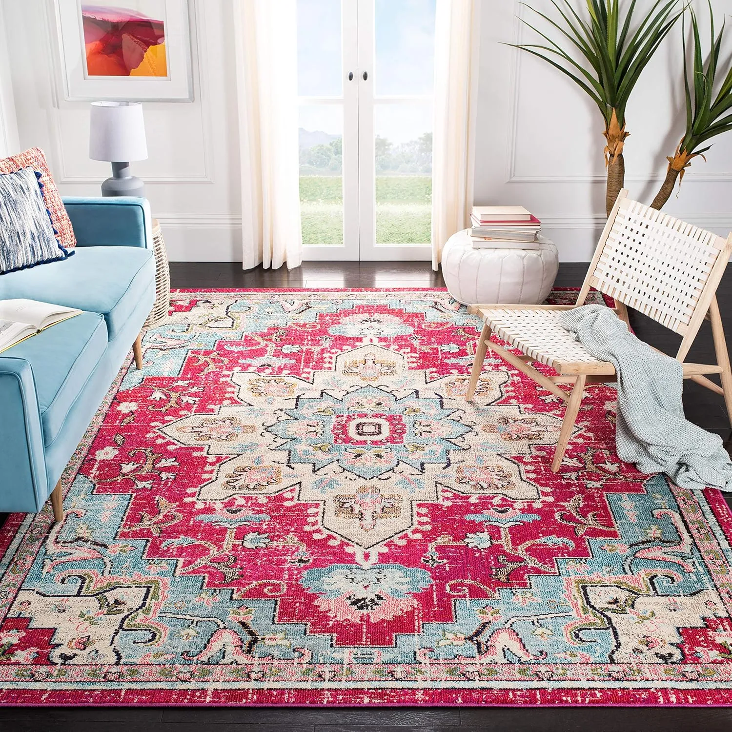 SAFAVIEH Area Rug 8x10 - Madison Collection - Large - Fuchsia & Blue, Boho Chic Medallion Distressed Design, Non-Shedding & Easy Cleaning, Ideal for Living Room, Bedroom, Dining Space (MAD473A)