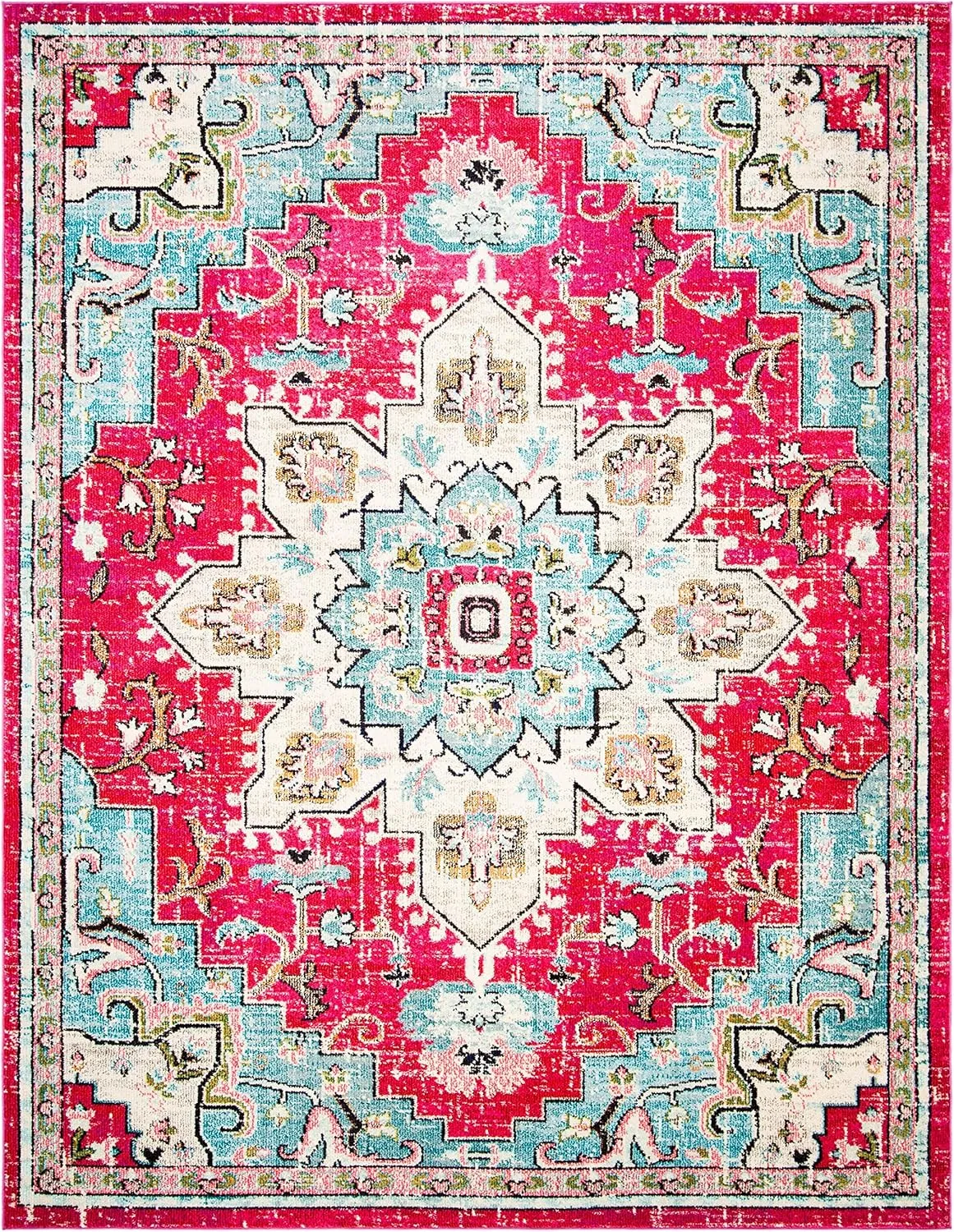 SAFAVIEH Area Rug 8x10 - Madison Collection - Large - Fuchsia & Blue, Boho Chic Medallion Distressed Design, Non-Shedding & Easy Cleaning, Ideal for Living Room, Bedroom, Dining Space (MAD473A)