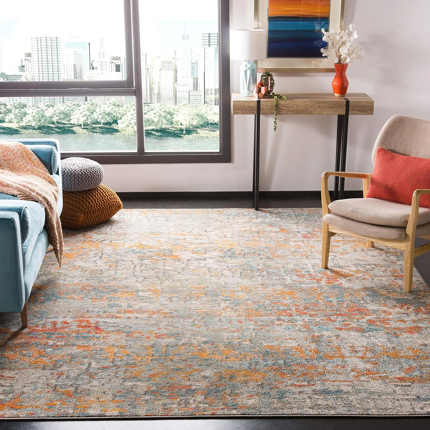 SAFAVIEH Area Rug 8x10 - Madison Collection - Large - Grey & Orange, Modern Abstract Design, Non-Shedding & Easy Cleaning, Ideal for Living Room, Bedroom, Office, Dining Space (MAD460F)
