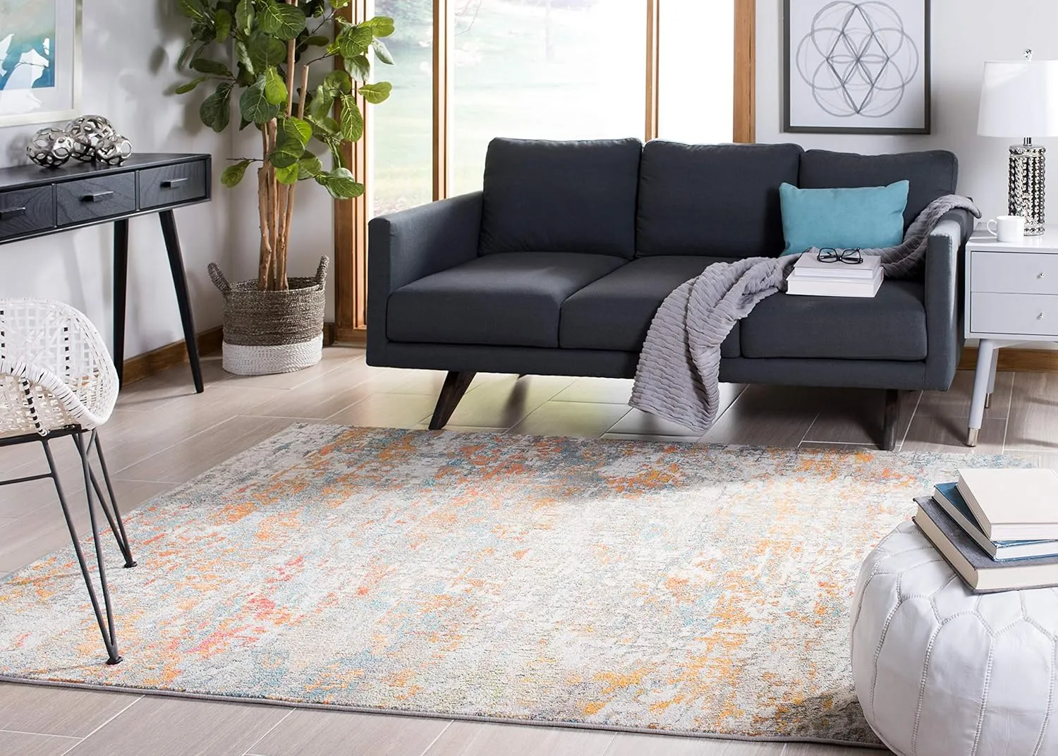 SAFAVIEH Area Rug 8x10 - Madison Collection - Large - Grey & Orange, Modern Abstract Design, Non-Shedding & Easy Cleaning, Ideal for Living Room, Bedroom, Office, Dining Space (MAD460F)