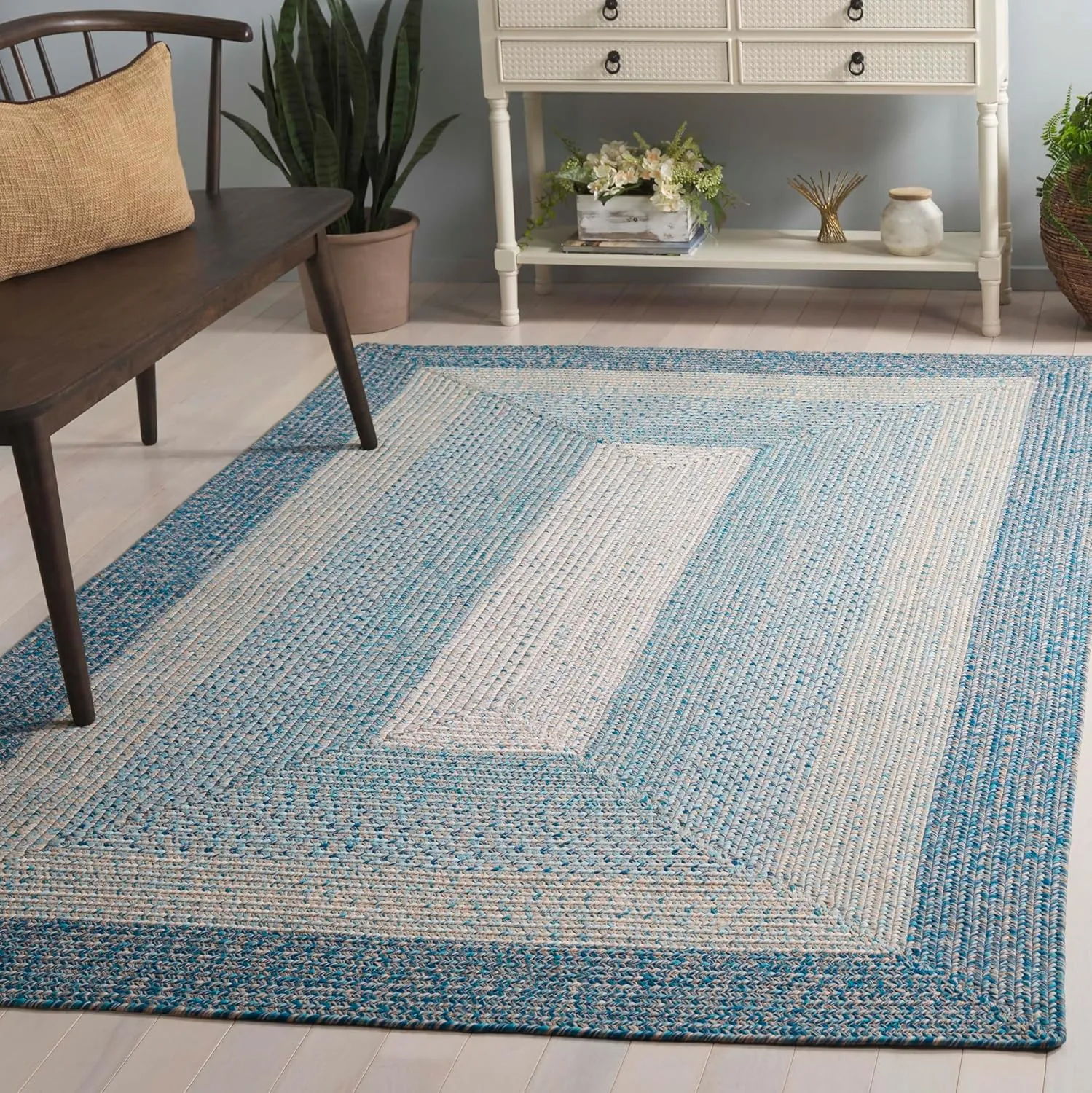 Safavieh Braided Collection Area Rug - 5' x 8', Blue/Aqua, Geometric Design, Machine Washable Indoor/Outdoor & Washable-Ideal for Patio, Backyard, Mudroom (BRD318M)