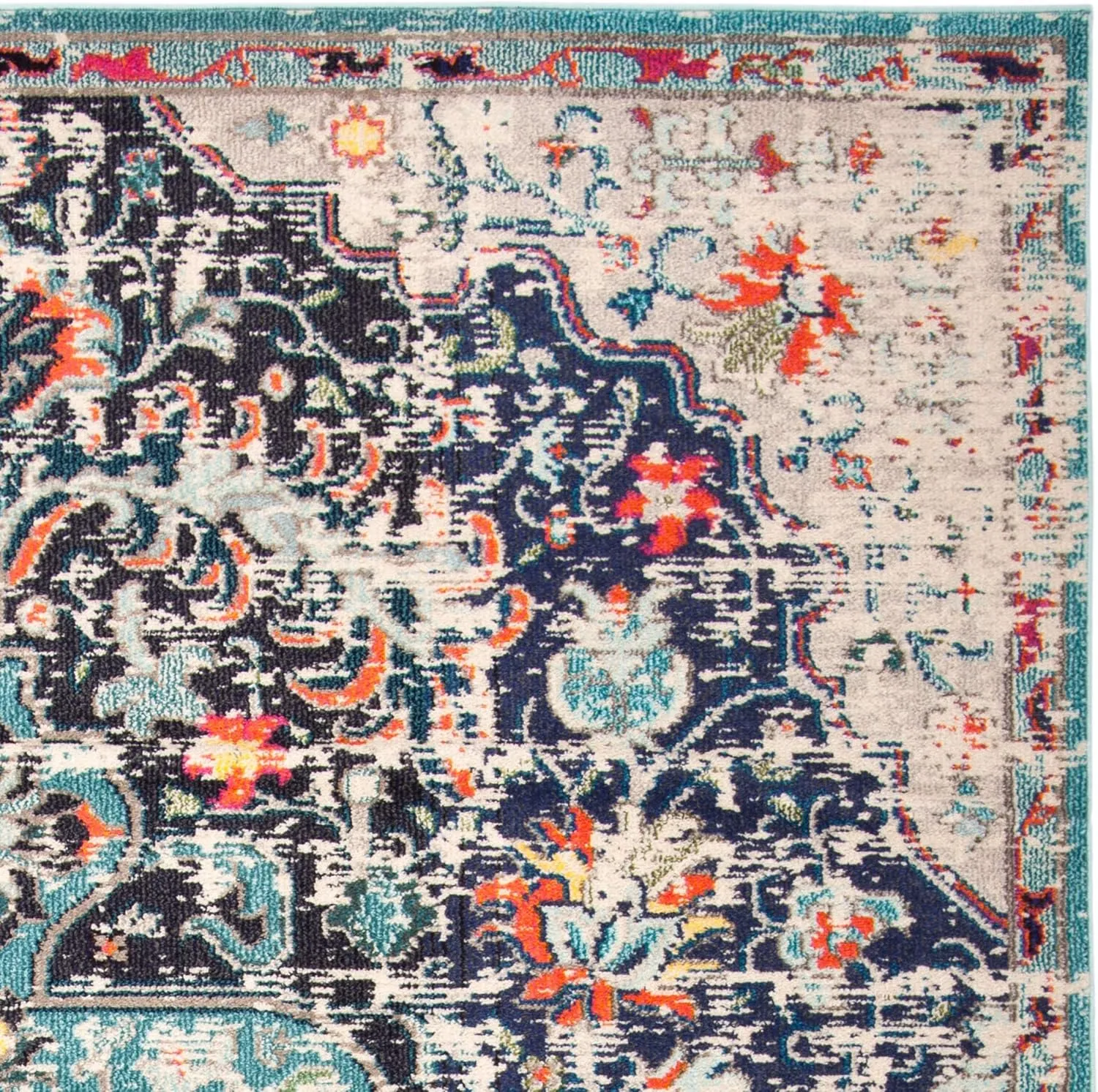 SAFAVIEH Madison Collection Area Rug - 6' x 9', Black & Teal, Boho Chic Medallion Distressed Design, Non-Shedding & Easy Care, Ideal for High Traffic Areas in Living Room, Bedroom (MAD447Z)