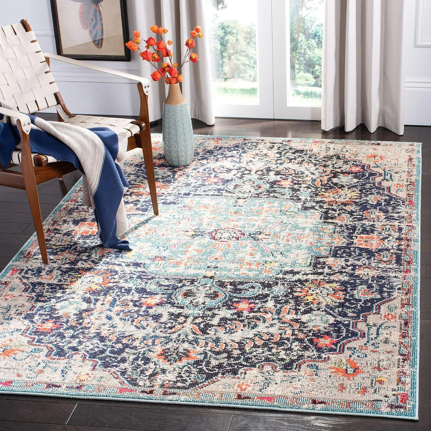 SAFAVIEH Madison Collection Area Rug - 6' x 9', Black & Teal, Boho Chic Medallion Distressed Design, Non-Shedding & Easy Care, Ideal for High Traffic Areas in Living Room, Bedroom (MAD447Z)