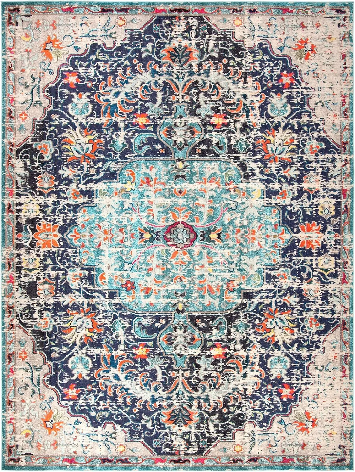 SAFAVIEH Madison Collection Area Rug - 6' x 9', Black & Teal, Boho Chic Medallion Distressed Design, Non-Shedding & Easy Care, Ideal for High Traffic Areas in Living Room, Bedroom (MAD447Z)