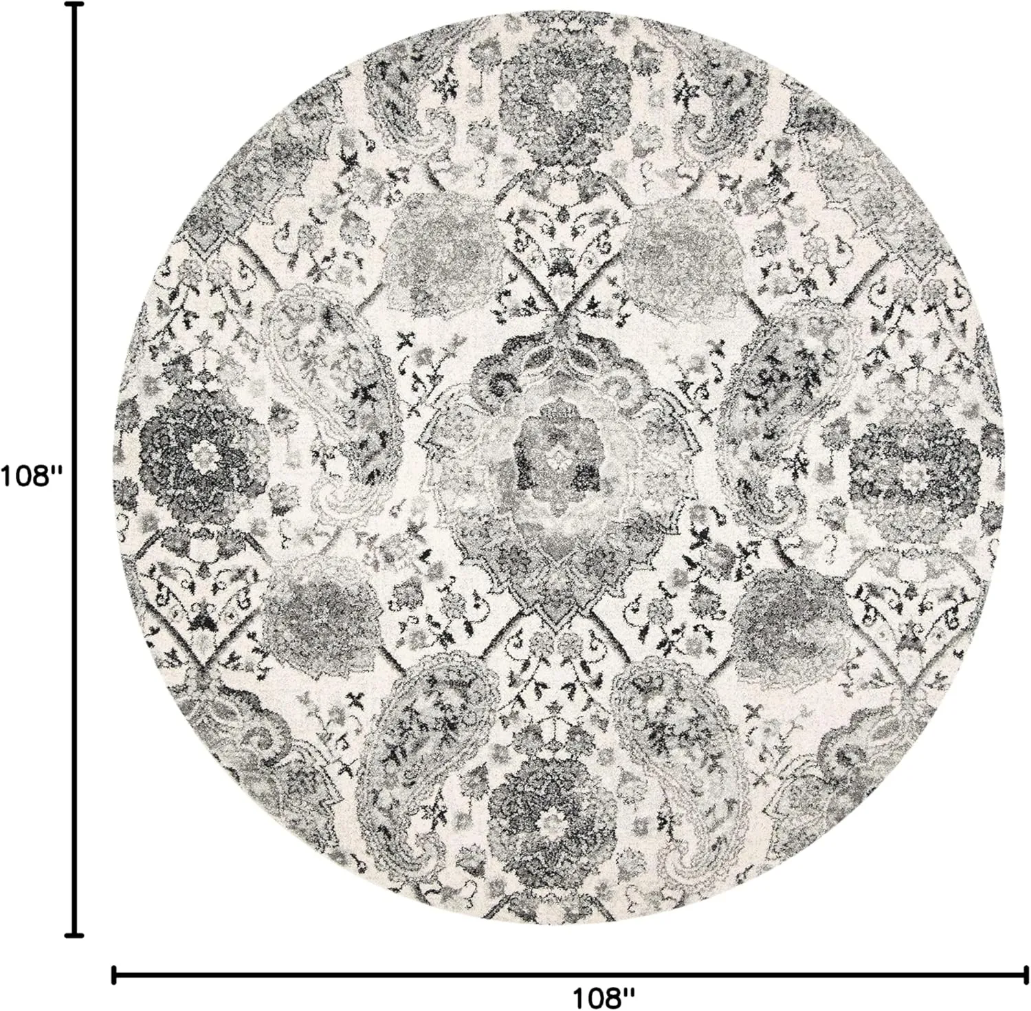 SAFAVIEH Madison Collection Area Rug - 9' Round, Cream & Silver, Boho Chic Glam Paisley Design, Non-Shedding & Easy Care, Ideal for High Traffic Areas in Living Room, Bedroom (MAD600D)
