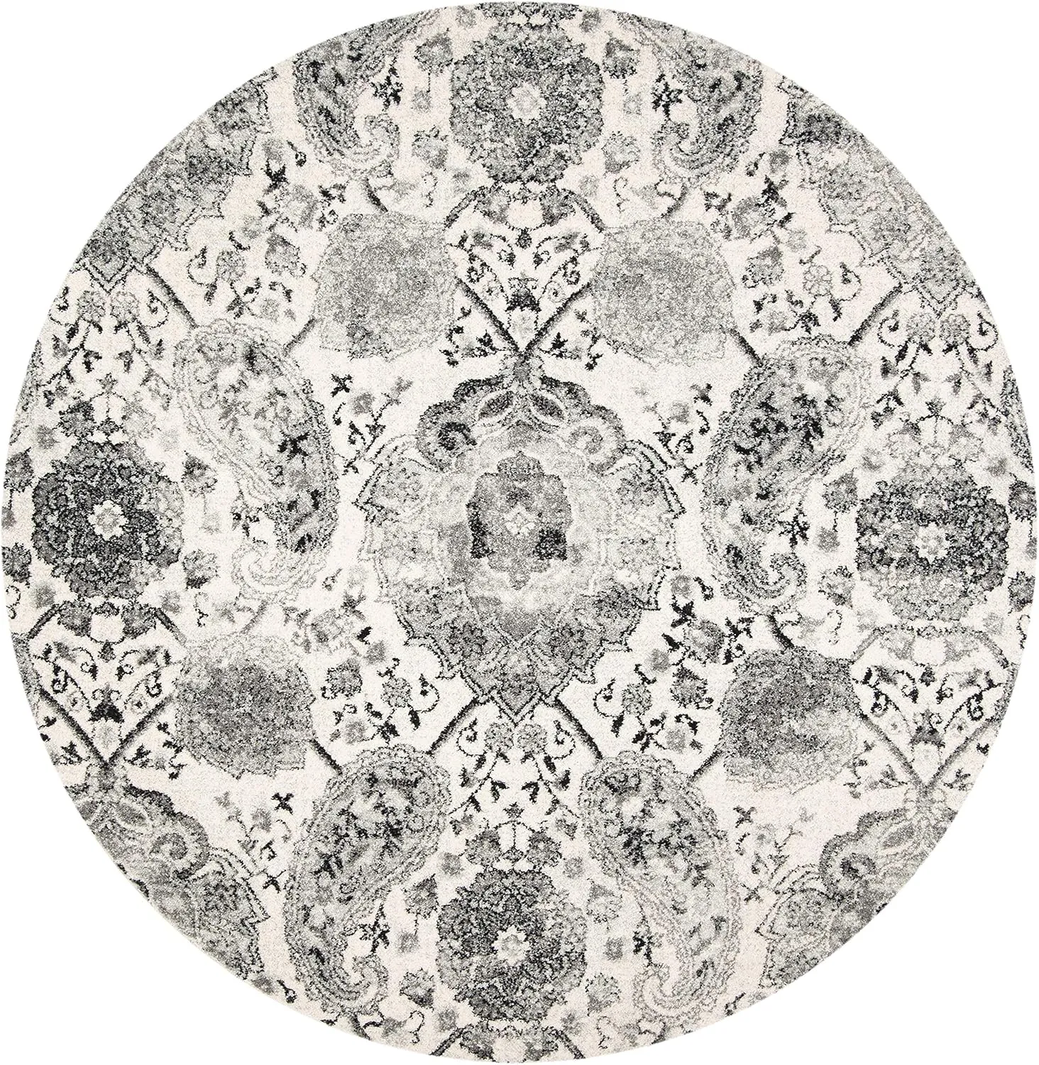SAFAVIEH Madison Collection Area Rug - 9' Round, Cream & Silver, Boho Chic Glam Paisley Design, Non-Shedding & Easy Care, Ideal for High Traffic Areas in Living Room, Bedroom (MAD600D)